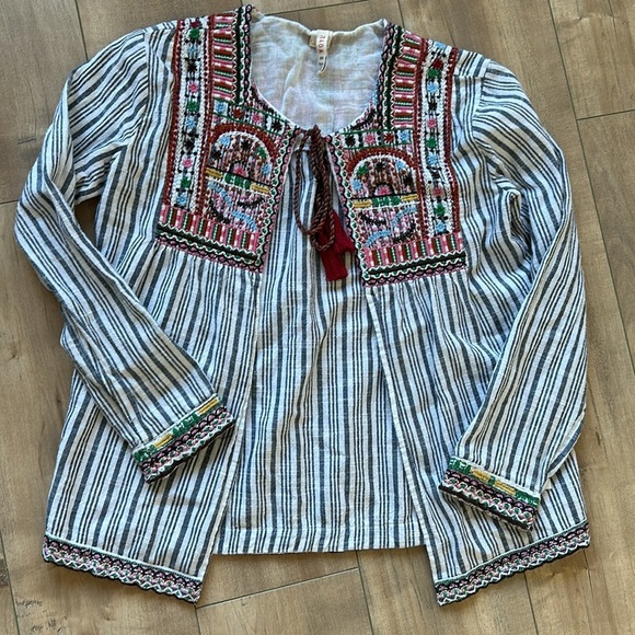 RAGA Embroidered Striped Cotton Tassel Tie BOHO Cardigan Jacket Top Size XS - Picture 2 of 8